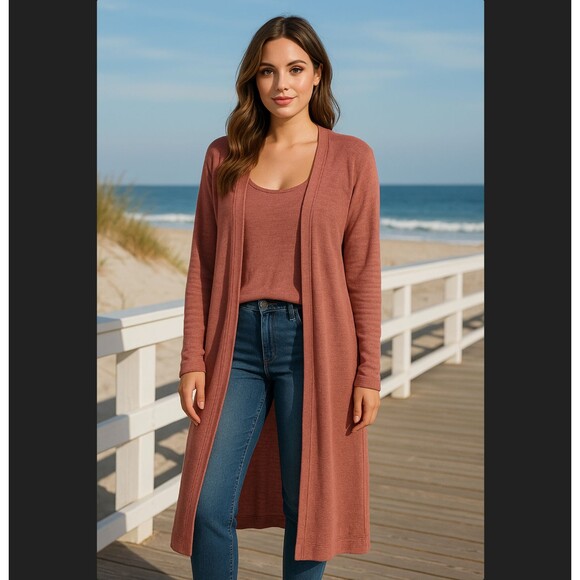 Free People Beach Bi-Coastal Pink Duster Cardigan Sz M Open Front Long Pockets - Picture 1 of 14